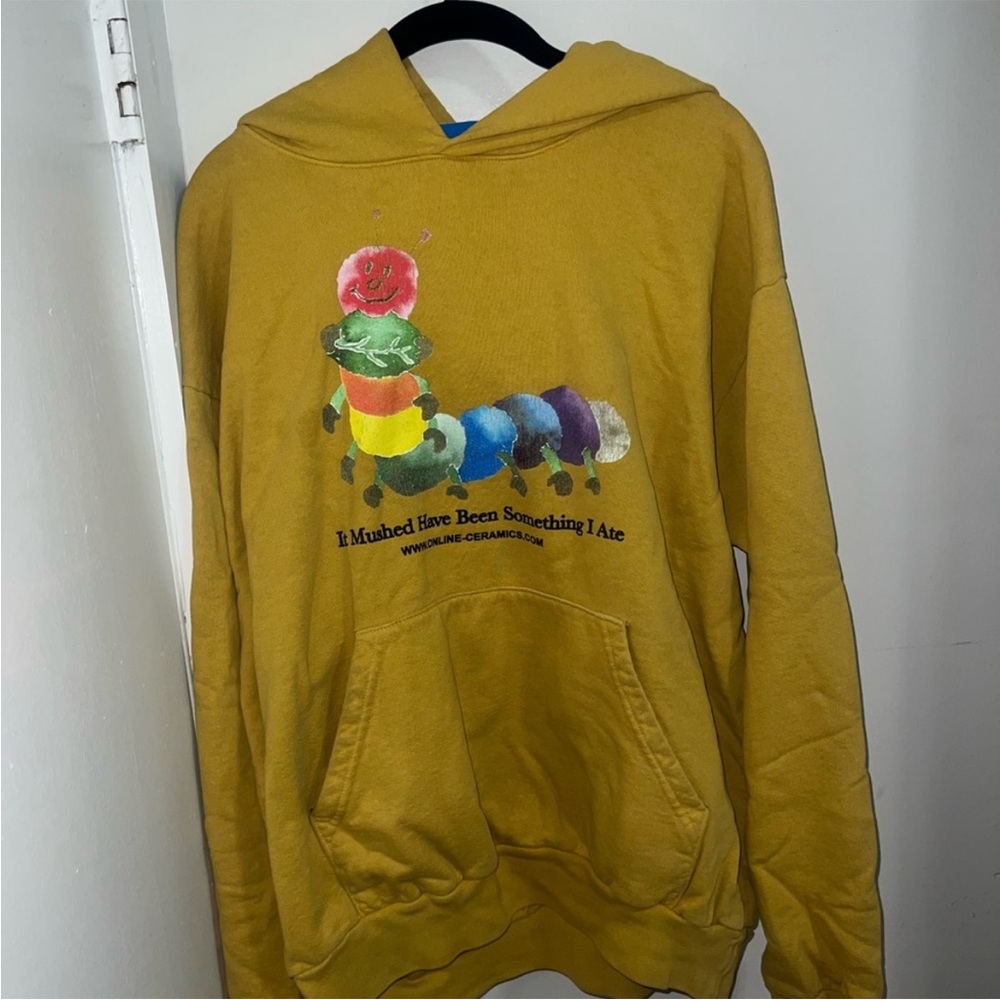 Men's Mustard Yellow Graphic Hoodie Hungry Caterpillar Size L